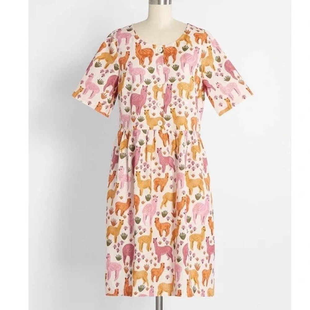 ModCloth x Princess Highway Valley of Llamas Linen Blend Babydoll Dress